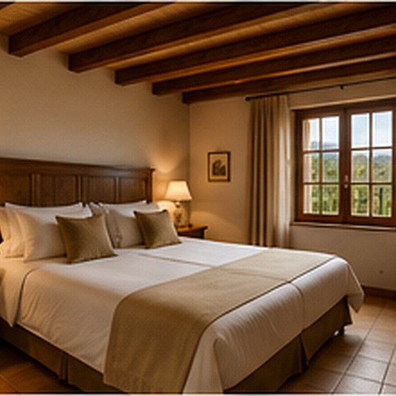 Habitación doble con paredes de piedra y ropa de cama en tonos crema