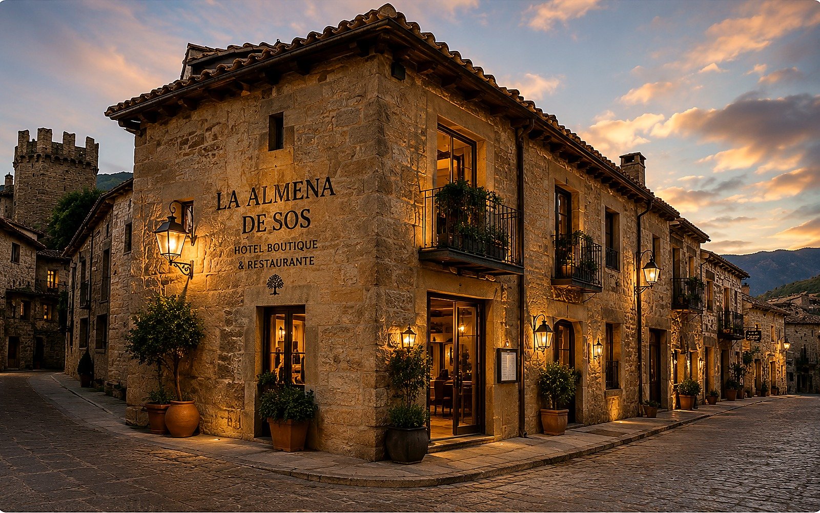 Fachada de piedra de La Almena de Sos al atardecer, con las murallas medievales al fondo