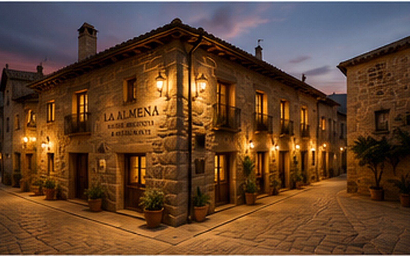 Fachada de piedra del hotel con balcones de madera