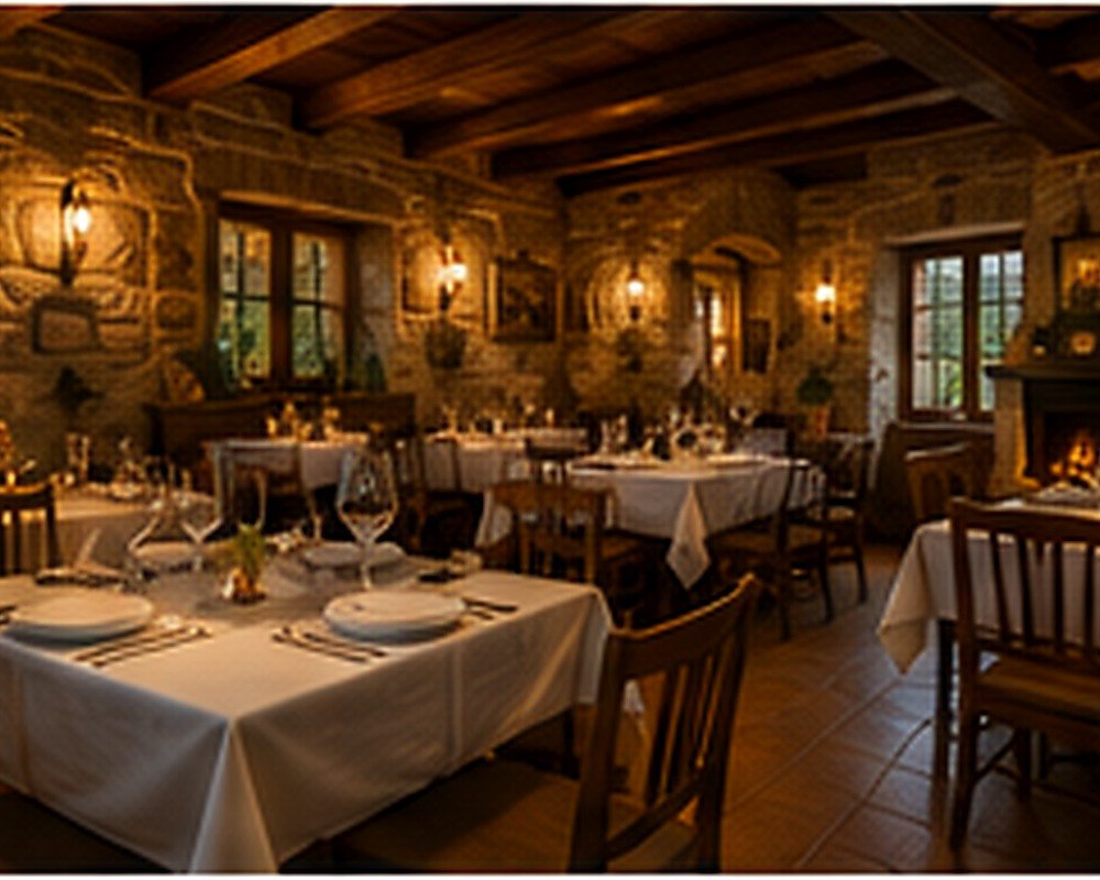 Comedor del restaurante con piedra vista y mesas de madera