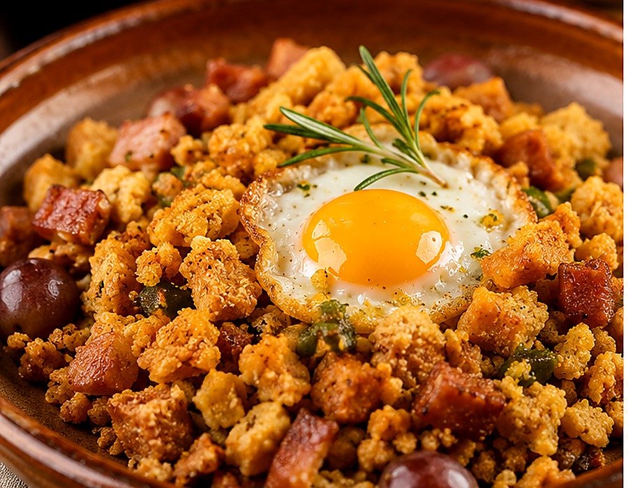 Migas aragonesas con huevo escalfado y uvas